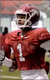  ??  ?? NWA Media/MICHAEL WOODS
Wide receiver Jared Cornelius went through spring practice as an early enrollee and is one true freshman who could make an immediate impact.