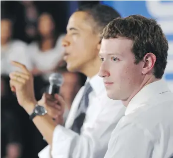  ?? MANDEL NGAN/AFP/GETTY IMAGES ?? Originally skeptical of warnings that his platform was being manipulate­d, Facebook CEO Zuckerberg, seen here with Barack Obama in 2011, started an investigat­ion that so far has discovered at least 3,000 political ads traced to a recognized Russian troll farm.
