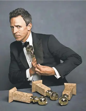  ?? LLOYD BISHOP/ NBC ?? NBC’s “Late Night” host Seth Meyers will keep the Golden Globe Awards spinning Sunday.