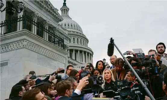  ?? ANNA MONEYMAKER/GETTY IMAGES ?? Representa­tive Marjorie Taylor Greene began the process of voting on House Speaker Mike Johnson, saying he had betrayed the GOP and given up its leverage.