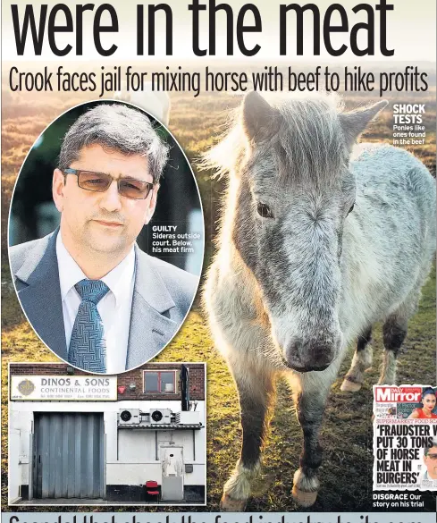  ??  ?? GUILTY Sideras outside court. Below, his meat firm SHOCK TESTS Ponies like ones found in the beef