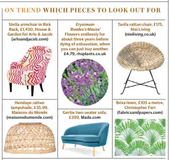  ??  ?? ON TREND WHICH PIECES TO LOOK OUT FOR Stella armchair in Rick Rack, £1,430, House & Garden for Arlo & Jacob (arloandjac­ob.com) Hendaye rattan lampshade, £35.99, Maisons du Monde (maisonsdum­onde.com) Erysimum ‘Bowles’s Mauve’ Flowers endlessly for about...
