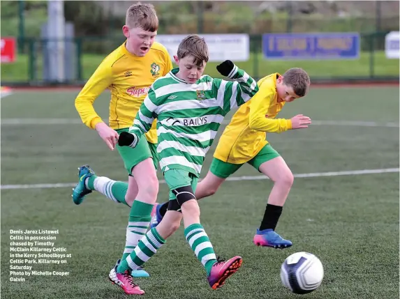  ??  ?? Denis Jaroz Listowel Celtic in possession chased by Timothy McClain Killarney Celtic in the Kerry Schoolboys at Celtic Park, Killarney on Saturday
Photo by Michelle Cooper Galvin