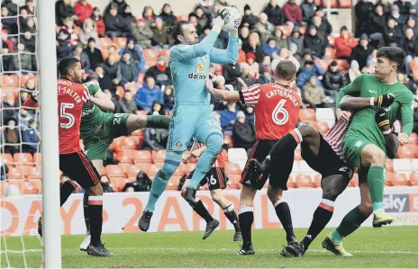  ??  ?? Sunderland keeper Lee Camp gathers a cross under pressure against Preston on Saturday. Pictures by Frank Reid.