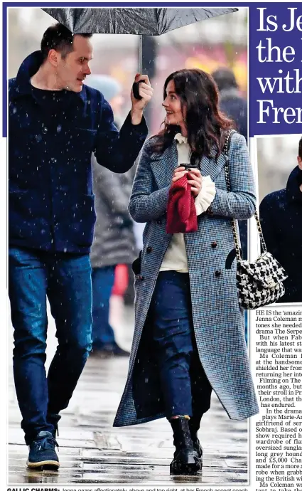  ??  ?? GALLIC CHARMS: Jenna gazes affectiona­tely, above and top right, at her French accent coach Fabien as they stroll in London last week. Right: As she appeared in the BBC drama The Serpent