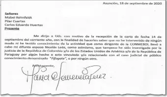  ??  ?? María Clemencia Pérez remitió esta escueta nota como respuesta al cuestionar­io enviado por ABC Color, Connectas y El Espectador de Colombia sobre el dinero que recibió en sus cuentas personales.