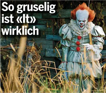  ?? WARNER BROS. ?? In der bösen Clownmaske steckt Bill Skarsgård (27). Filmstart ist am 28. September. Den Trailer zu «It» sehen Sie heute auf 20minuten.ch