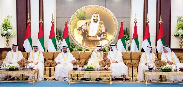  ?? — Wam ?? The Rulers of Dubai, Sharjah, Ajman, Fujairah, Umm Al Quwain and Ras Al Khaimah, with Sheikh Mohamed bin Zayed Al Nahyan, at the Eid Al Fitr reception at Mushrif Palace.