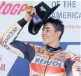  ?? EPA ?? Marc Marquez dons a cowboy hat after his win in Texas.