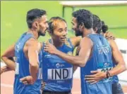  ??  ?? India's 4x400m mixed team celebrates after winning silver. PTI