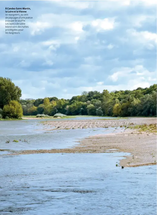  ??  ?? À Candes-Saint-Martin, la Loire et la Vienne se rejoignent, au sein de paysages d’une poésie à couper le souffle. Les bancs de sable blond sont des haltes privilégié­es pour les baigneurs.