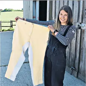  ?? ?? Fit to race: Anna Hylands with an old pair of jodhpurs and (below) riding Nikki Steel to victory