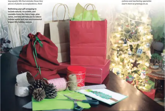  ??  ?? Rethinking your gift wrapping to include natural, recyclable, and reusable items like fabric bags, pine cones, and tins will help you to reduce holiday waste and your environmen­tal impact this holiday season.