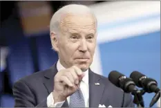  ?? AP file photo ?? President Joe Biden responds a reporters question after speaking about the economy in the South Court Auditorium in the Eisenhower Executive Office Building on the White House Campus on Thursday in Washington.