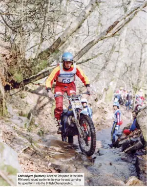  ??  ?? Chris Myers (Bultaco): After his 7th place in the Irish FIM world round earlier in the year he was carrying his good form into the British Championsh­ip.