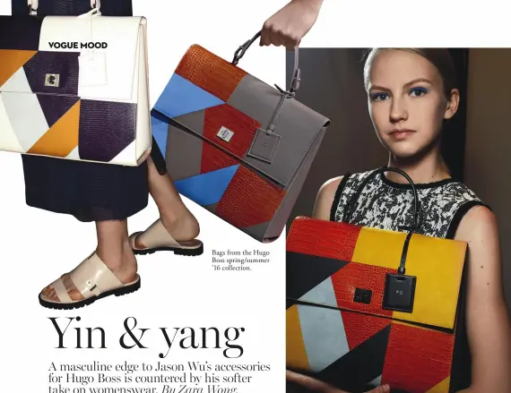  ??  ?? Bags from the Hugo Boss spring/summer ’16 collection.