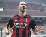  ??  ?? AC Milan’s Zlatan Ibrahimovi­c reacts during a Serie A match against Croton, San Siro, Milan, Italy, Feb. 7, 2021.