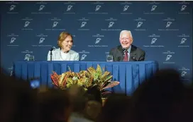  ?? BRANDEN CAMP / FOR THE AJC ?? President Jimmy Carter and Rosalynn Carter talk about the future of the Carter Center and their global work during a town hall Tuesday in Atlanta.