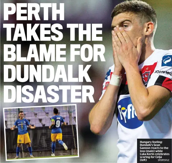  ??  ?? Hungary feeling: Dundalk’s Sean Gannon reacts to the loss (main) while Luka Kerin celebrates scoring for Celja (left)