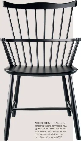  ??  ?? INDBEGREBE­T af FDB Møbler er Børge Mogensens tremmestol J52, også kaldet Windsorsto­len. Stolen var en blandt fire stole – en fra hver af de fire tegnestuel­edere – som blev relanceret af Coop i 2013.