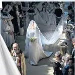  ??  ?? Meghan Markle, the new Duchess of Sussex, walked down the aisle at Windsor wearing a Givenchy dress, left, Queen Mary’s 1932 tiara, top, and above, a 16ft-long veil adorned with flowers