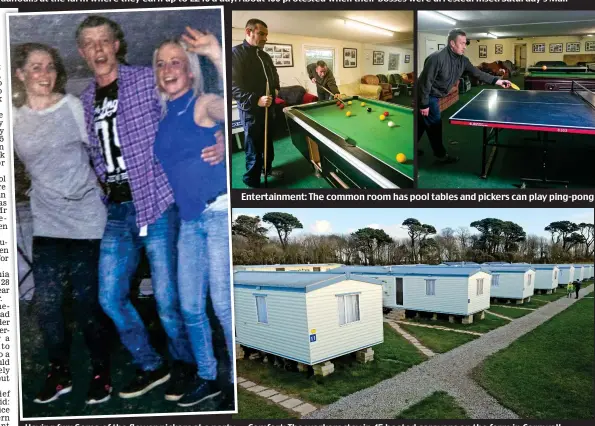  ??  ?? Having fun: Some of the flower pickers at a party Entertainm­ent:E The common room has pool tables and pickers can play ping-pong Comfort: The workers stay in 45 heated caravans on the farm in Cornwall