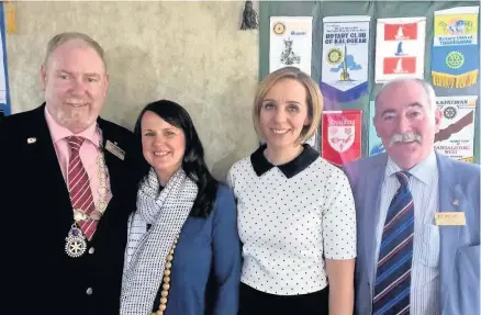  ??  ?? Emotional talk Angela Quinn and Jacqui Nelson from St Andrew’s and St Bride’s High School with rotary club president Bruce Gunn, left, and rotarian David Taylor