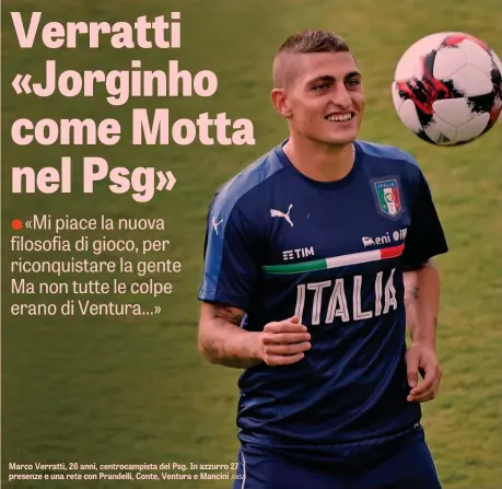  ??  ?? Marco Verratti, 26 anni, centrocamp­ista del Psg. In azzurro 27 presenze e una rete con Prandelli, Conte, Ventura e Mancini ANSA