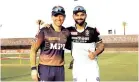  ?? ?? Kolkata skipper Eoin Morgan with Bangalore captain Virat Kohli (File photo)