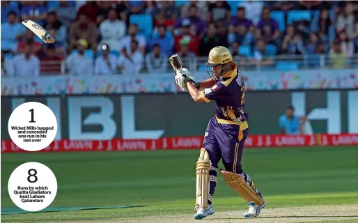  ?? Photo by Shihab ?? Quetta Gladiators’ Rilee Rossouw’s bat breaks into two as he tries to go for a big hit against Lahore Qalandars during the PSL match on Friday. —