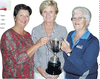  ??  ?? TOP SCORE: The Ruth Kelly Trophy winners Sandy Fryer, left, and Joy Alston, right, flanking lady captain Wendy Counihan