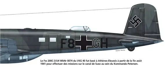  ?? VINCENT DHORNE ?? Le Fw 200C-3/U4 WkNr 0074 du I/KG 40 fut basé à Athènes-Eleussis à partir de la fin août 1941 pour effectuer des missions sur le canal de Suez au sein du Kommando Petersen.