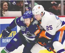  ?? USA TODAY SPORTS FILES ?? Tyler Motte, left, shown in a game earlier this season, appears to have earned the trust of Canucks management and is likely to sign a deal in the off-season to stay with the team.