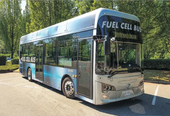  ??  ?? Ten buses built in China and fuelled by hydrogen fuel cells made by Burnaby's Ballard Power Systems went into service on Thursday in Yunfu, China.