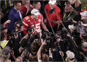  ?? MORRY GASH - THE ASSOCIATED PRESS ?? In this Feb. 2, 2020, file photo, Kansas City Chiefs quarterbac­k Patrick Mahomes (15) is surrounded by media after his team won the NFL Super Bowl 54 football game against the San Francisco 49ers, in Miami Gardens, Fla.