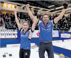  ?? HANDOUT VIA THE CANADIAN PRESS ?? Kaitlyn Lawes and John Morris celebrate their 8- 6 victory over Val Sweeting and Brad Gushue in the Olympic Trials final Sunday at Stride Place in Portage La Prairie, Man. Lawes and Morris will represent Canada when mixed doubles curling makes its...