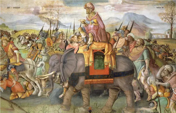  ?? CREDIT: DEA / GETTY IMAGES ?? Hannibal crossing the Alps, depicted by Jacopo Ripanda in a fresco at the Conservato­ries Palace, Rome.