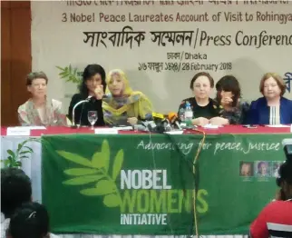  ??  ?? The three Nobel peace laureates — Tawakkol Karman of Yemen, Shirin Ebadi of Iran and Mairead Maguire of Northern Ireland — address a press conference in Dhaka on Wednesday. (AN photo)