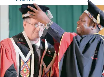  ?? PICTURE: RAJESH JANTILAL ?? University of Kwazulu-Natal chancellor Dr Zweli Mkhize, right, with the new vice-chancellor, Dr Albert van Jaarsveld, at the installati­on ceremony for the latter at the Westville campus in Durban on Saturday.