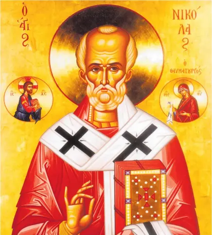  ??  ?? Saint Nicholas wouldn’t have worn red robes but a simple tunic and cloak, like other Christian ministers of his era.