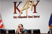  ?? Karen Warren/Staff photograph­er ?? Katy ISD Superinten­dent Ken Gregorski listens during a board meeting. Katy ISD will soon adopt a strained 2024-25 budget.