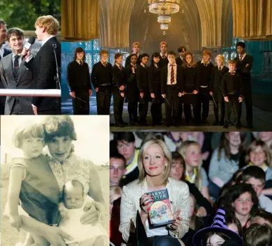  ??  ?? CLOCKWISE FROM ABOVE: Joanne at the final Harry Potter movie premiere with lead actors Emma Watson, Daniel Radcliffe and Rupert Grint; a movie scene from Harry Potter and the Order of the Phoenix; the author with young fans at a book reading and...