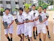  ??  ?? Group of students from Bakamuna Central College carrying the plants to initiate the CLC green project in their school garden