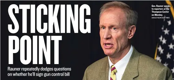  ?? ASHLEE REZIN/ SUN- TIMES ?? Gov. Rauner speaks to reporters at the Thompson Center on Monday.