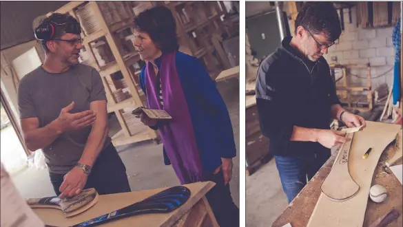  ??  ?? Philip Doyle chatting with his mother, Brigid, in his hurley-making workshop on Forth Mountain.
Philip matching hurley orders to planks in the workshop.