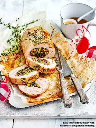  ??  ?? Easy carve turkey breast with cranberry and pistachio stuffing