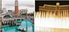  ?? Fotos: trekandpho­to/fotolia, dpa, Schierack ?? Oben sieht man den Sunset Strip aus der sonst flachen Stadt Las Vegas herausrage­n – mit legendären Hotels wie unten dem Venetian (links) und dem Bellagio. Dazwischen liegt die Wirklichke­it: der Barkeeper Sam im El Cortez und das Neon Museum, in dem...