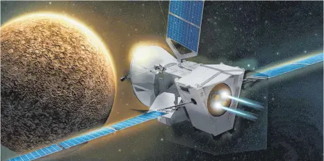  ?? FOTO-MONTAGE: AIRBUS ?? Die von Airbus gebaute BepiColomb­o-Raumsonde der ESA soll ab 2025 den Merkur erforschen.