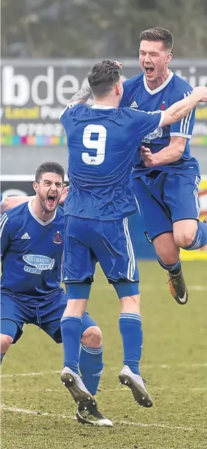  ??  ?? HOPING TO HIT THE HEIGHTS AGAIN TODAY: Mitch Megginson, centre, jumps for joy as he and team-mates Darryn Kelly, left, and Jamie Masson celebrate Cove’s Highland League title-clinching 5-0 victory against Clach on April 7