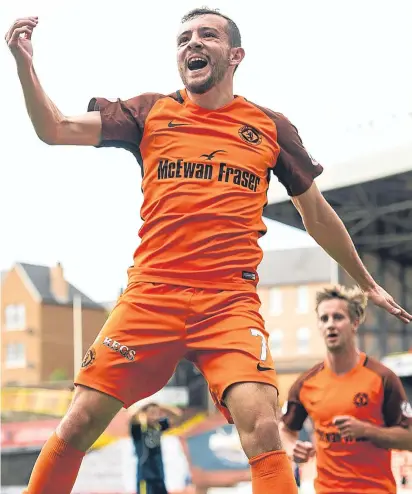  ?? Picture: SNS Group. ?? Above left: Paul McMullan leads the way in yesterday’s training session at St Andrews; above: the winger celebrates after scoring in United’s win over Alloa in an earler round; below: Csaba Laszlo on the training ground.